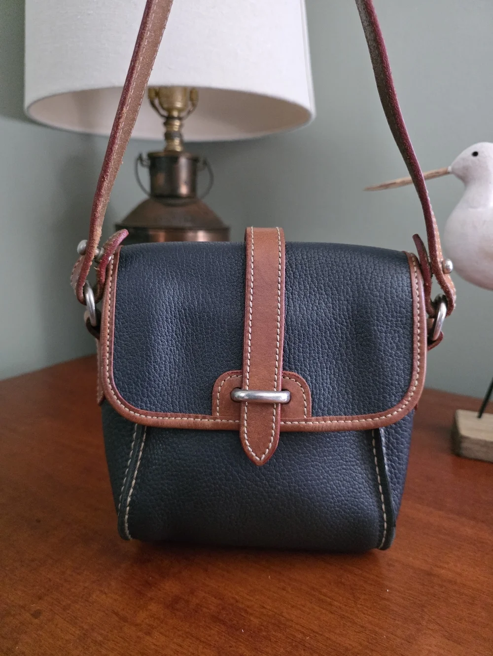 Dooney & Bourke Vintage Mini Flap Crossbody Navy Tan AWL Leather Bag